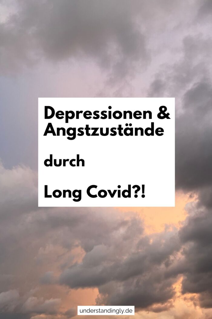 Grafik: Bewölkter Himmel mit dem Text: "Depressionen und Angstzustände durch Long Covid?!"
