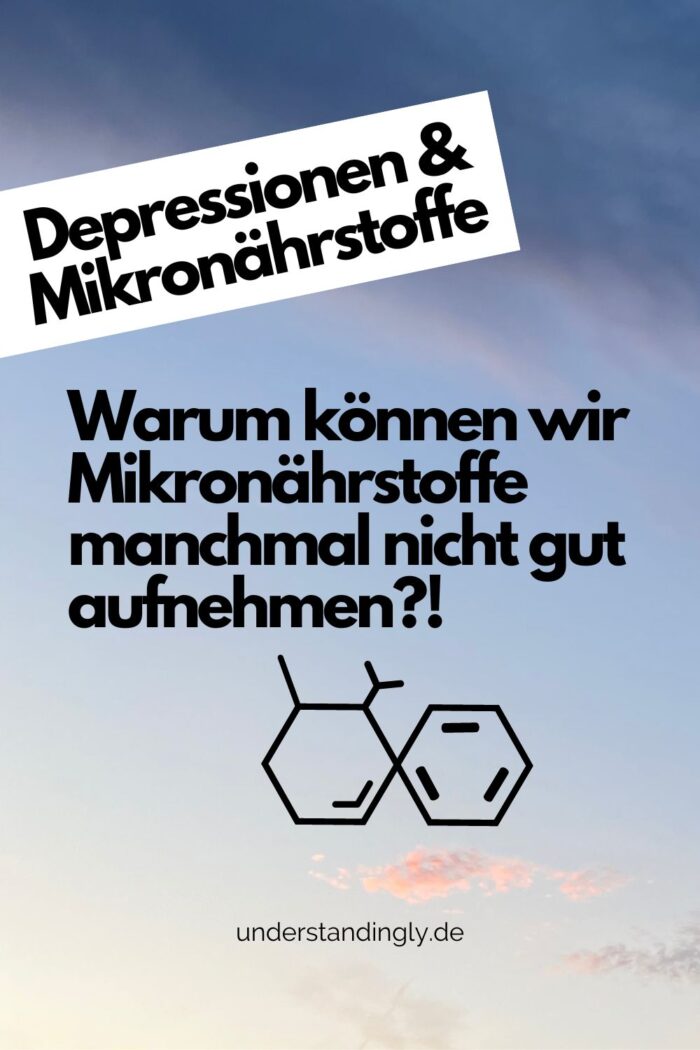 Pinterest-Grafik. Blauer Abendhimmel, davor der Text. Depressionen & Mikronährstoffe: Warum können wir Mikronährstoffe manchmal nicht gut aufnehmen?