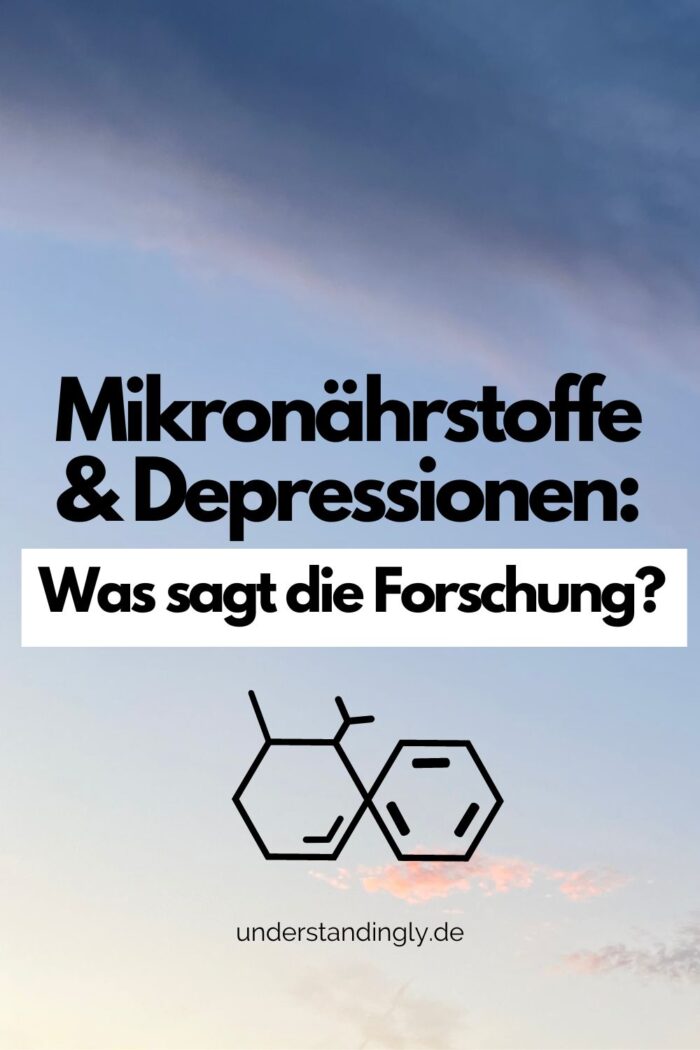 Pinterest-Grafik. Blauer Abendhimmel, davor der Text: Mikronährstoffe & Depressionen: Was sagt die Forschung?